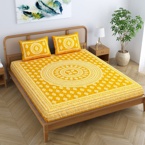 SheetKart Motif Mandala Floral 144 TC 100% Cotton Double Bedsheet Jaipuri Printed Bed Cover with 2 Pillow Covers - Yellow Focus 