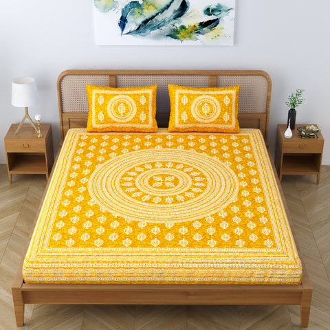 SheetKart Motif Mandala Floral 144 TC 100% Cotton Double Bedsheet Jaipuri Printed Bed Cover with 2 Pillow Covers - Yellow Focus 