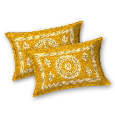 SheetKart Motif Mandala Floral 144 TC 100% Cotton Double Bedsheet Jaipuri Printed Bed Cover with 2 Pillow Covers - Yellow Focus 