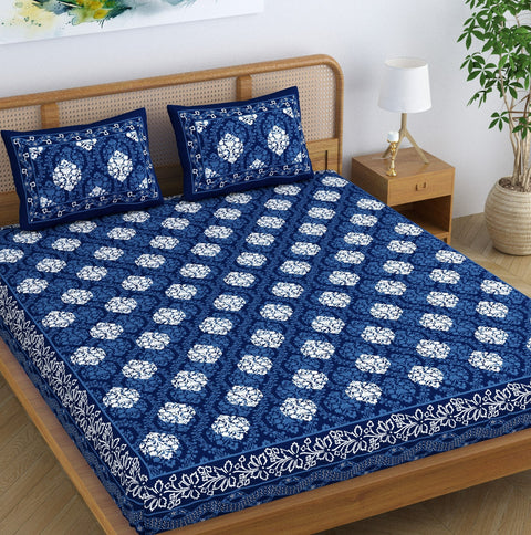 SheetKart Dabu Motif 100% Cotton Double Bedsheet Jaipuri Printed Bed Cover King Size with 2 Pillow Covers, Midnight Blue 