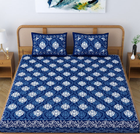SheetKart Dabu Motif 100% Cotton Double Bedsheet Jaipuri Printed Bed Cover King Size with 2 Pillow Covers, Midnight Blue 