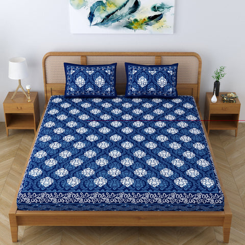 SheetKart Dabu Motif 100% Cotton Double Bedsheet Jaipuri Printed Bed Cover King Size with 2 Pillow Covers, Midnight Blue 