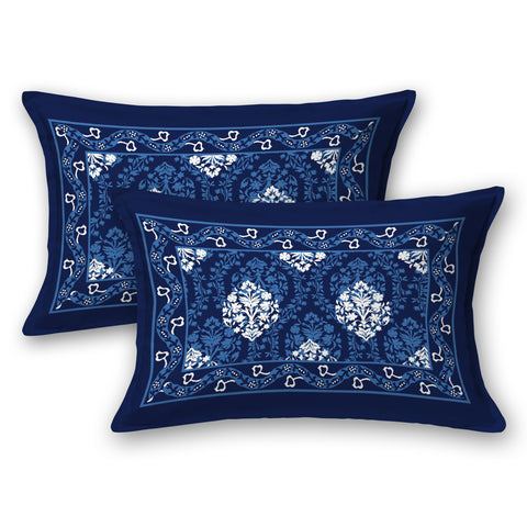 SheetKart Dabu Motif 100% Cotton Double Bedsheet Jaipuri Printed Bed Cover King Size with 2 Pillow Covers, Midnight Blue 
