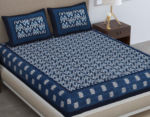SheetKart Dabu Zig Zag 144 TC 100% Cotton Double Bedsheet Jaipuri Printed Bed Cover with 2 Pillow Covers, Midnight Blue