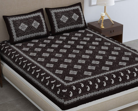 SheetKart Dabu Squares Cotton Double Bedsheet Jaipuri Printed Bed Cover with 2 Pillow Covers - Dark Grey
