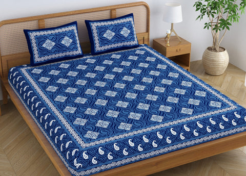 SheetKart Dabu Squares 100% Cotton Double Bedsheet Jaipuri Printed Bed Cover King Size with 2 Pillow Covers, Midnight Blue