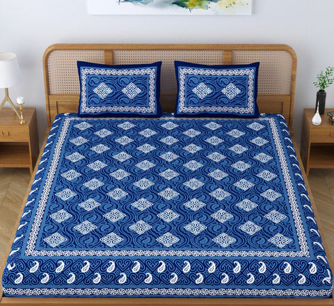 SheetKart Dabu Squares 100% Cotton Double Bedsheet Jaipuri Printed Bed Cover King Size with 2 Pillow Covers, Midnight Blue