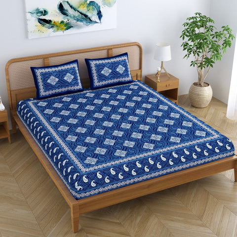 SheetKart Dabu Squares 100% Cotton Double Bedsheet Jaipuri Printed Bed Cover King Size with 2 Pillow Covers, Midnight Blue