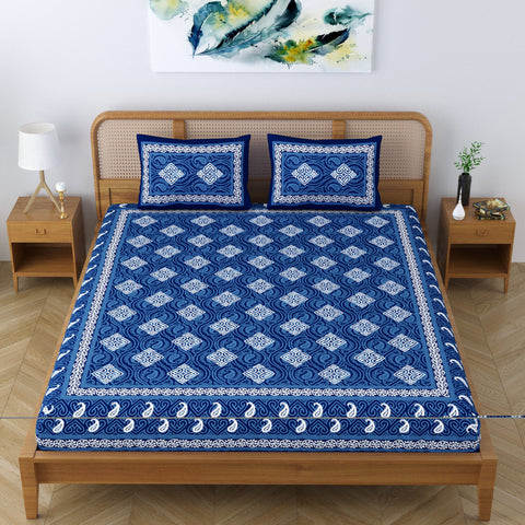 SheetKart Dabu Squares 100% Cotton Double Bedsheet Jaipuri Printed Bed Cover King Size with 2 Pillow Covers, Midnight Blue