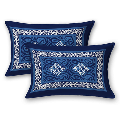 SheetKart Dabu Squares 100% Cotton Double Bedsheet Jaipuri Printed Bed Cover King Size with 2 Pillow Covers, Midnight Blue