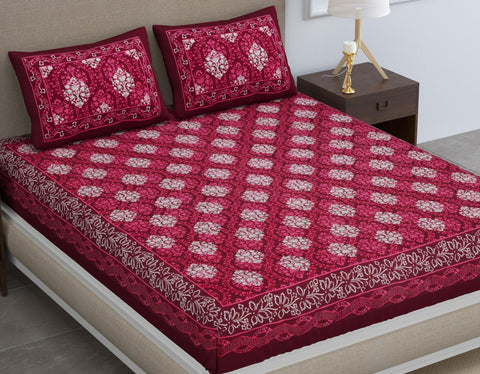 SheetKart Dabu Floral 100% Cotton Double Bedsheet Jaipuri Printed Bed Cover with 2 Pillow Covers, Red Brown 