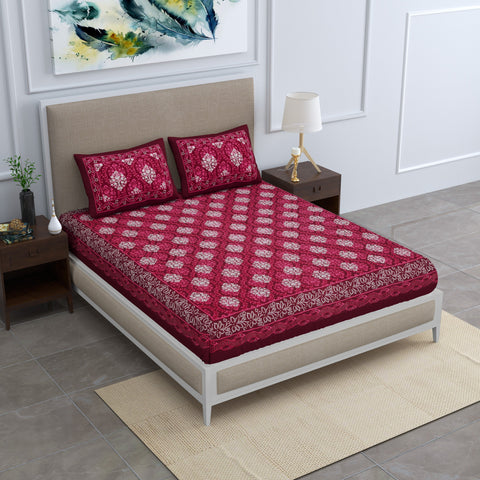 SheetKart Dabu Floral 100% Cotton Double Bedsheet Jaipuri Printed Bed Cover with 2 Pillow Covers, Red Brown 