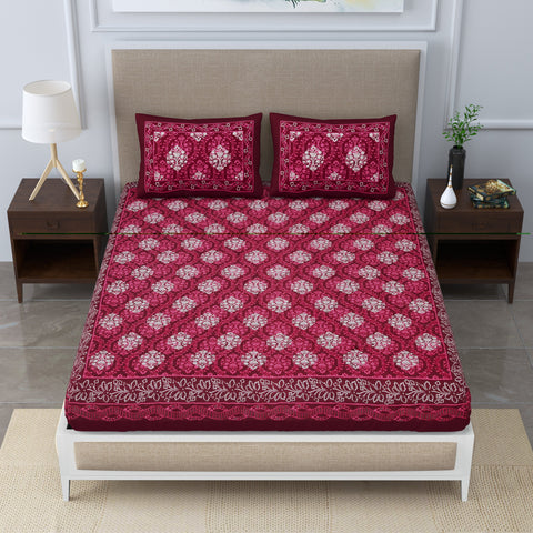 SheetKart Dabu Floral 100% Cotton Double Bedsheet Jaipuri Printed Bed Cover with 2 Pillow Covers, Red Brown 