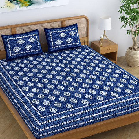 SheetKart Dabu Floral 100% Cotton Double Bedsheet Jaipuri Printed Bed Cover King Size with 2 Pillow Covers, Midnight Blue 