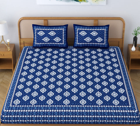 SheetKart Dabu Floral 100% Cotton Double Bedsheet Jaipuri Printed Bed Cover King Size with 2 Pillow Covers, Midnight Blue 