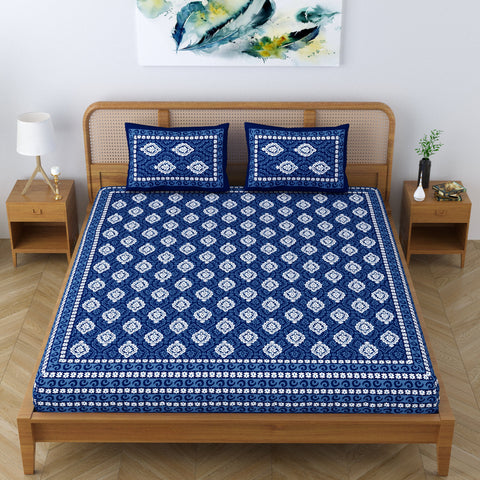 SheetKart Dabu Floral 100% Cotton Double Bedsheet Jaipuri Printed Bed Cover King Size with 2 Pillow Covers, Midnight Blue 