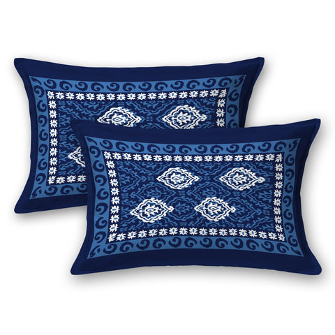 SheetKart Dabu Floral 100% Cotton Double Bedsheet Jaipuri Printed Bed Cover King Size with 2 Pillow Covers, Midnight Blue 