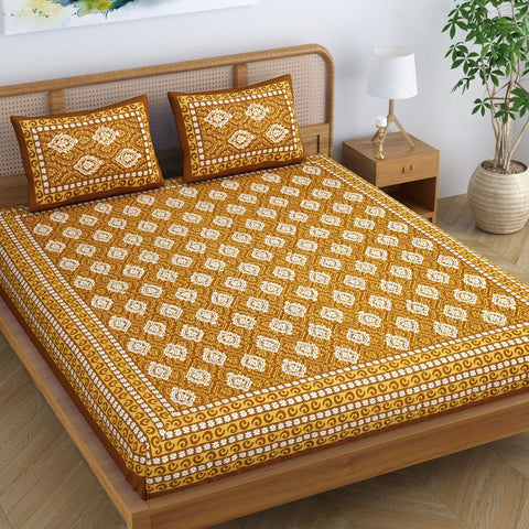 SheetKart Dabu Floral 100% Cotton Double Bedsheet Jaipuri Printed Bed Cover King Size with 2 Pillow Covers, Yellow 