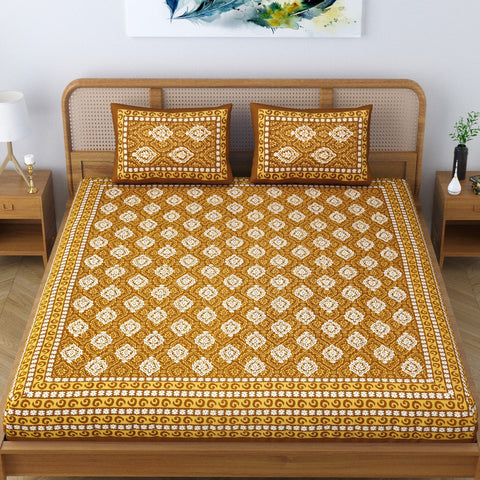 SheetKart Dabu Floral 100% Cotton Double Bedsheet Jaipuri Printed Bed Cover King Size with 2 Pillow Covers, Yellow 