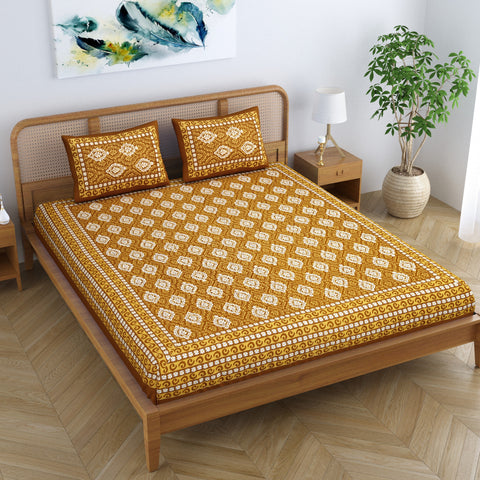SheetKart Dabu Floral 100% Cotton Double Bedsheet Jaipuri Printed Bed Cover King Size with 2 Pillow Covers, Yellow 