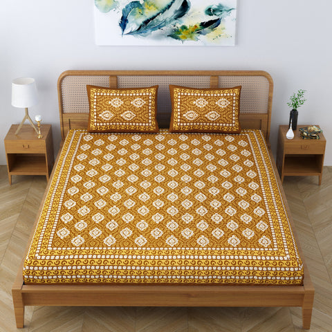 SheetKart Dabu Floral 100% Cotton Double Bedsheet Jaipuri Printed Bed Cover King Size with 2 Pillow Covers, Yellow 