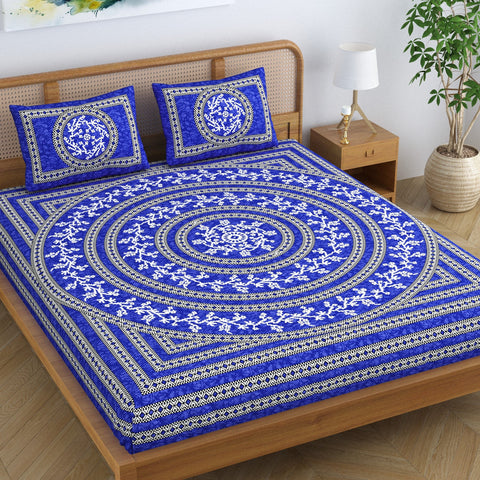 SheetKart Mandala Floral 100% Cotton Double Bedsheet Jaipuri Printed Bed Cover with 2 Pillow Covers - Blue 