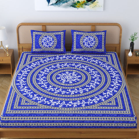 SheetKart Mandala Floral 100% Cotton Double Bedsheet Jaipuri Printed Bed Cover with 2 Pillow Covers - Blue 