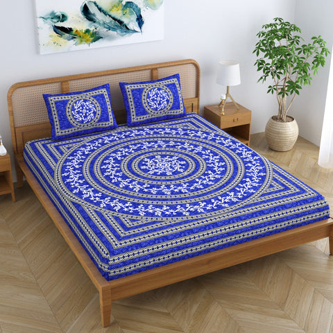 SheetKart Mandala Floral 100% Cotton Double Bedsheet Jaipuri Printed Bed Cover with 2 Pillow Covers - Blue 