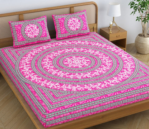 SheetKart Mandala Floral 144 TC 100% Cotton Double Bedsheet Jaipuri Printed Bed Cover with 2 Pillow Covers - Rose Pink 