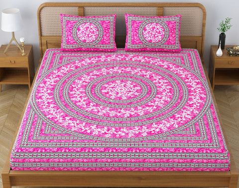SheetKart Mandala Floral 144 TC 100% Cotton Double Bedsheet Jaipuri Printed Bed Cover with 2 Pillow Covers - Rose Pink 