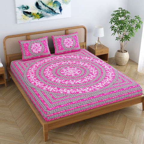 SheetKart Mandala Floral 144 TC 100% Cotton Double Bedsheet Jaipuri Printed Bed Cover with 2 Pillow Covers - Rose Pink 