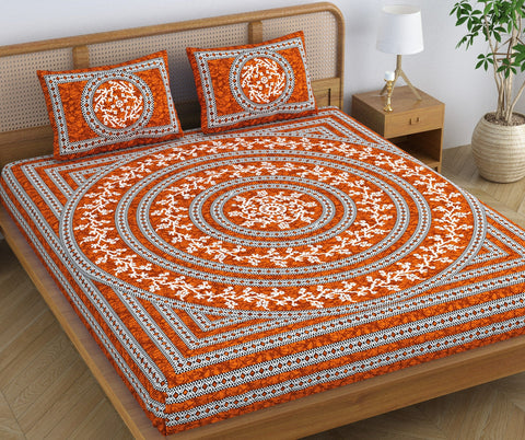 SheetKart Mandala Floral 144 TC 100% Cotton Double Bedsheet Jaipuri Printed Bed Cover with 2 Pillow Covers - Red Spark 