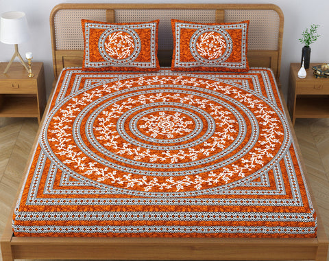 SheetKart Mandala Floral 144 TC 100% Cotton Double Bedsheet Jaipuri Printed Bed Cover with 2 Pillow Covers - Red Spark 