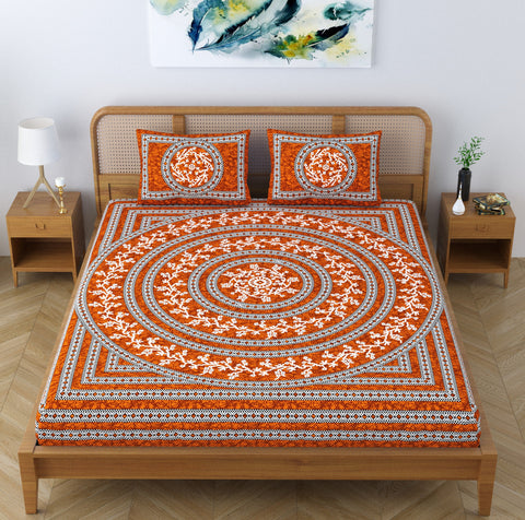 SheetKart Mandala Floral 144 TC 100% Cotton Double Bedsheet Jaipuri Printed Bed Cover with 2 Pillow Covers - Red Spark 