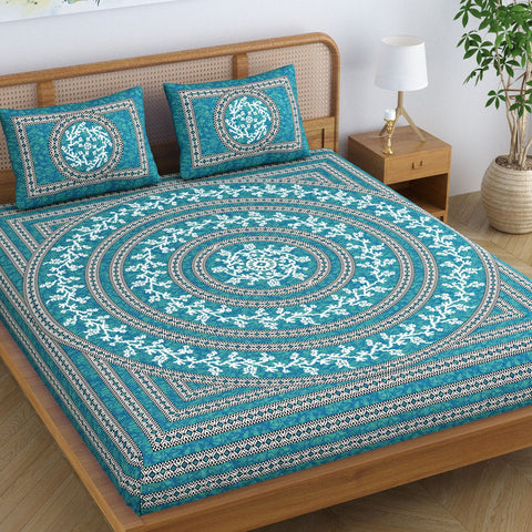 SheetKart Mandala Floral 144 TC 100% Cotton Double Bedsheet Jaipuri Printed Bed Cover with 2 Pillow Covers - Sea Green 