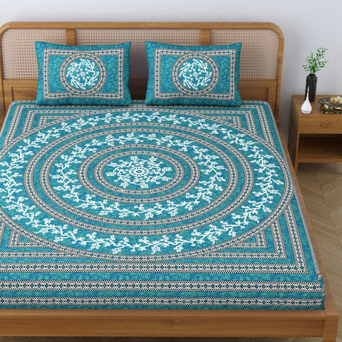 SheetKart Mandala Floral 144 TC 100% Cotton Double Bedsheet Jaipuri Printed Bed Cover with 2 Pillow Covers - Sea Green 