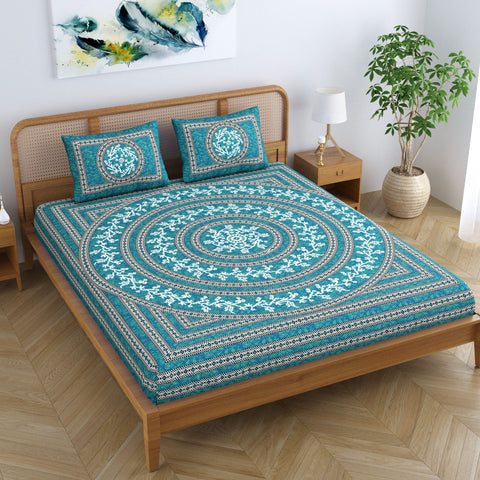 SheetKart Mandala Floral 144 TC 100% Cotton Double Bedsheet Jaipuri Printed Bed Cover with 2 Pillow Covers - Sea Green 