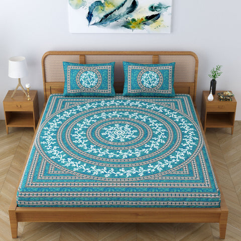 SheetKart Mandala Floral 144 TC 100% Cotton Double Bedsheet Jaipuri Printed Bed Cover with 2 Pillow Covers - Sea Green 