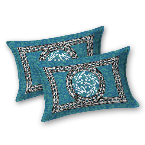 SheetKart Mandala Floral 144 TC 100% Cotton Double Bedsheet Jaipuri Printed Bed Cover with 2 Pillow Covers - Sea Green 