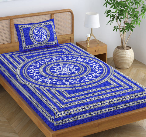 SheetKart Blossoms 100% Pure Cotton Jaipuri Printed Bedsheet for Single Bed with 1 Pillow Cover, Traditional Ethnic Bed Cover - Indigo Blue