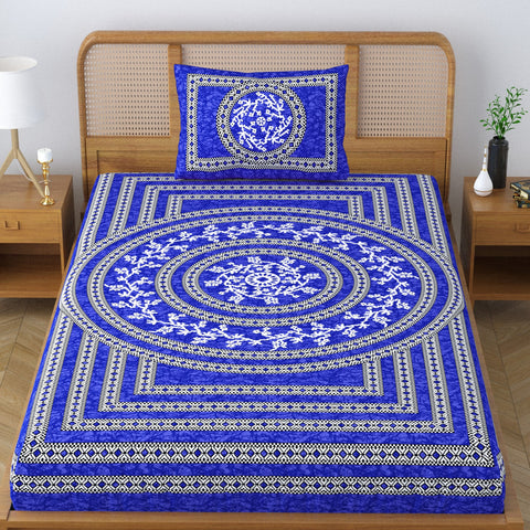 SheetKart Blossoms 100% Pure Cotton Jaipuri Printed Bedsheet for Single Bed with 1 Pillow Cover, Traditional Ethnic Bed Cover - Indigo Blue