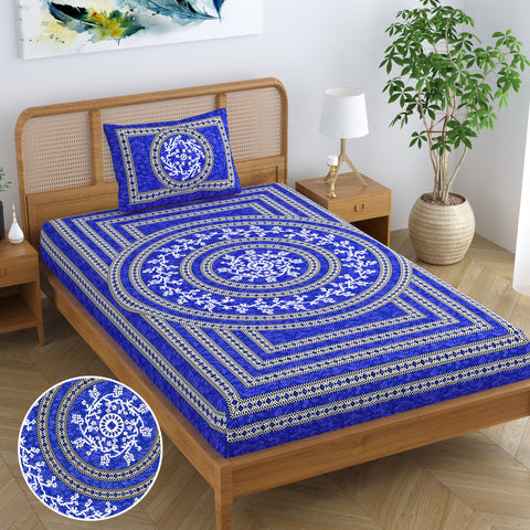 SheetKart Blossoms 100% Pure Cotton Jaipuri Printed Bedsheet for Single Bed with 1 Pillow Cover, Traditional Ethnic Bed Cover - Indigo Blue