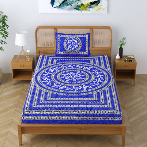 SheetKart Blossoms 100% Pure Cotton Jaipuri Printed Bedsheet for Single Bed with 1 Pillow Cover, Traditional Ethnic Bed Cover - Indigo Blue