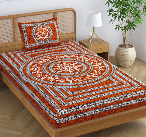 SheetKart Blossoms 100% Pure Cotton Jaipuri Printed Bedsheet for Single Bed with 1 Pillow Cover, Traditional Ethnic Bed Cover - Superior Red