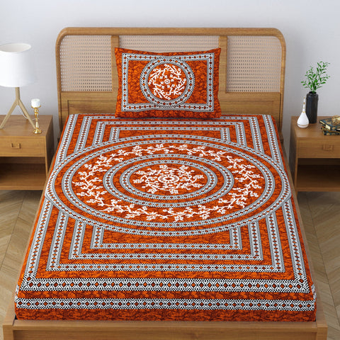 SheetKart Blossoms 100% Pure Cotton Jaipuri Printed Bedsheet for Single Bed with 1 Pillow Cover, Traditional Ethnic Bed Cover - Superior Red
