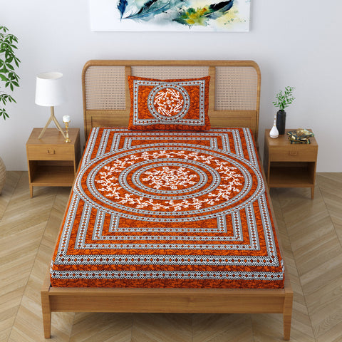 SheetKart Blossoms 100% Pure Cotton Jaipuri Printed Bedsheet for Single Bed with 1 Pillow Cover, Traditional Ethnic Bed Cover - Superior Red