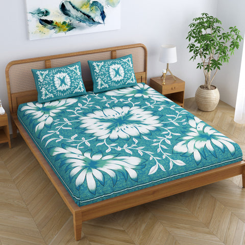 SheetKart Country Garden Floral 144 TC 100% Cotton Double Bedsheet Jaipuri Printed Bed Cover with 2 Pillow Covers - Creek Turquoise 