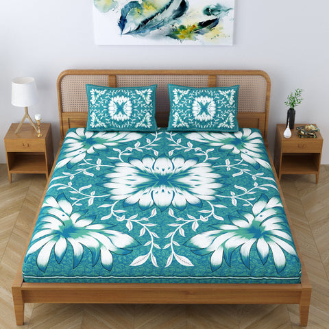 SheetKart Country Garden Floral 144 TC 100% Cotton Double Bedsheet Jaipuri Printed Bed Cover with 2 Pillow Covers - Creek Turquoise 