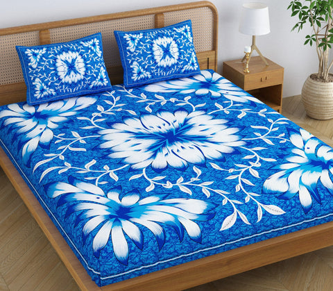 SheetKart Country Garden Floral 144 TC 100% Cotton Double Bedsheet Jaipuri Printed Bed Cover with 2 Pillow Covers - Charm Blue 