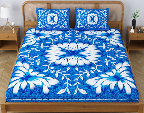 SheetKart Country Garden Floral 144 TC 100% Cotton Double Bedsheet Jaipuri Printed Bed Cover with 2 Pillow Covers - Charm Blue 